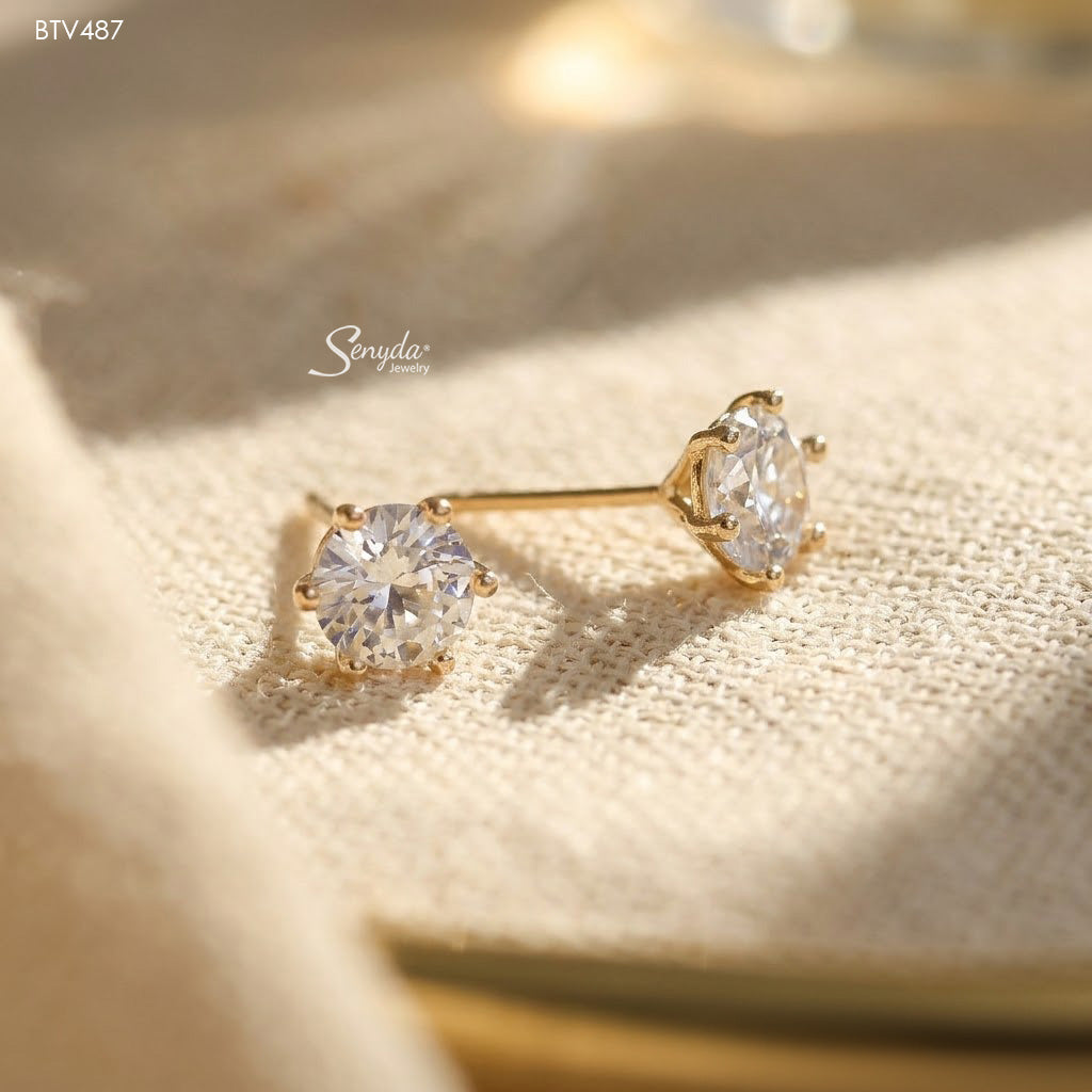 14K Solid Gold 6-Prong Cubic Zirconia Stud Earrings