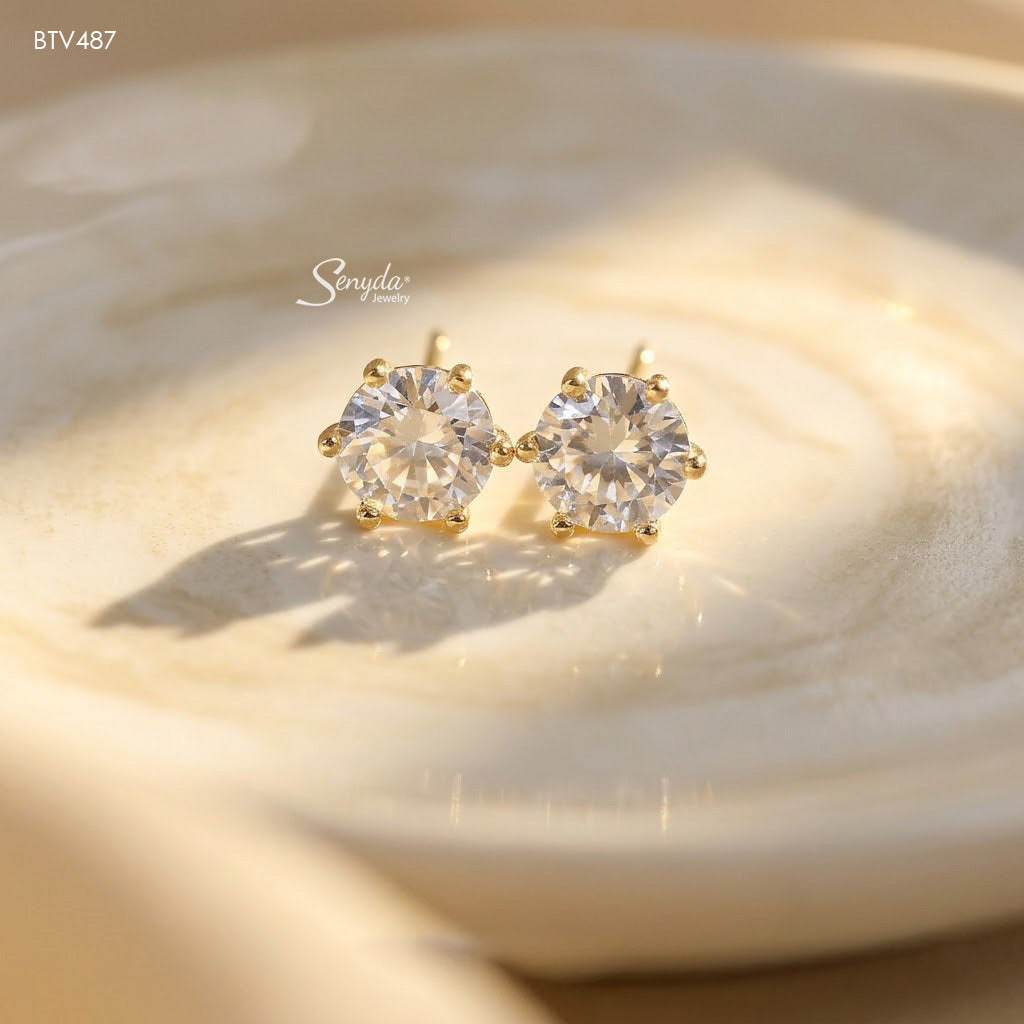 14K Solid Gold 6-Prong Cubic Zirconia Stud Earrings