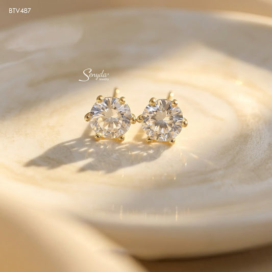 14K Solid Gold 6-Prong Cubic Zirconia Stud Earrings