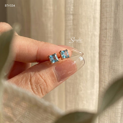 16K Solid Gold Princess-Cut Blue Topaz Bezel Stud Earrings