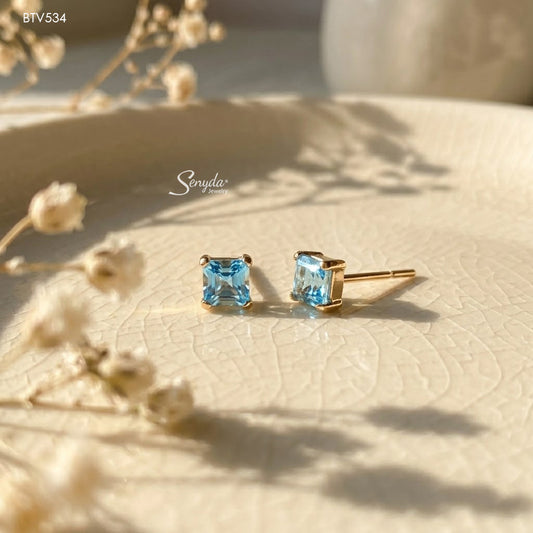 16K Solid Gold Princess-Cut Blue Topaz Bezel Stud Earrings