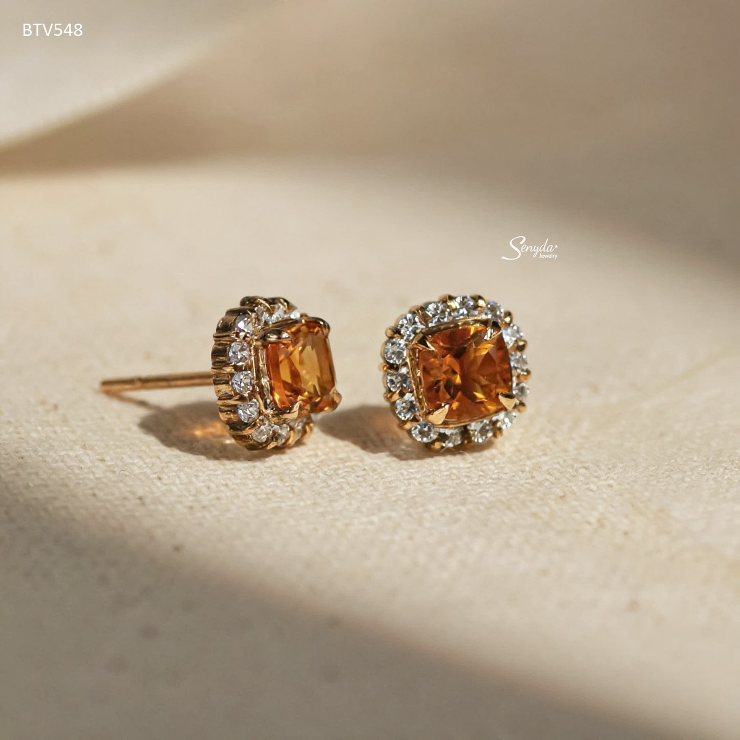16K Solid Cushion Cut Citrine Stud Earrings