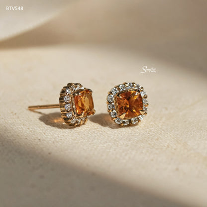 16K Solid Cushion Cut Citrine Stud Earrings