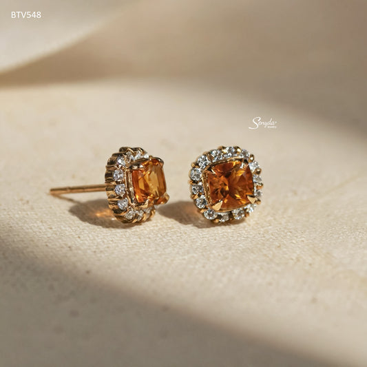 16K Solid Cushion Cut Citrine Stud Earrings