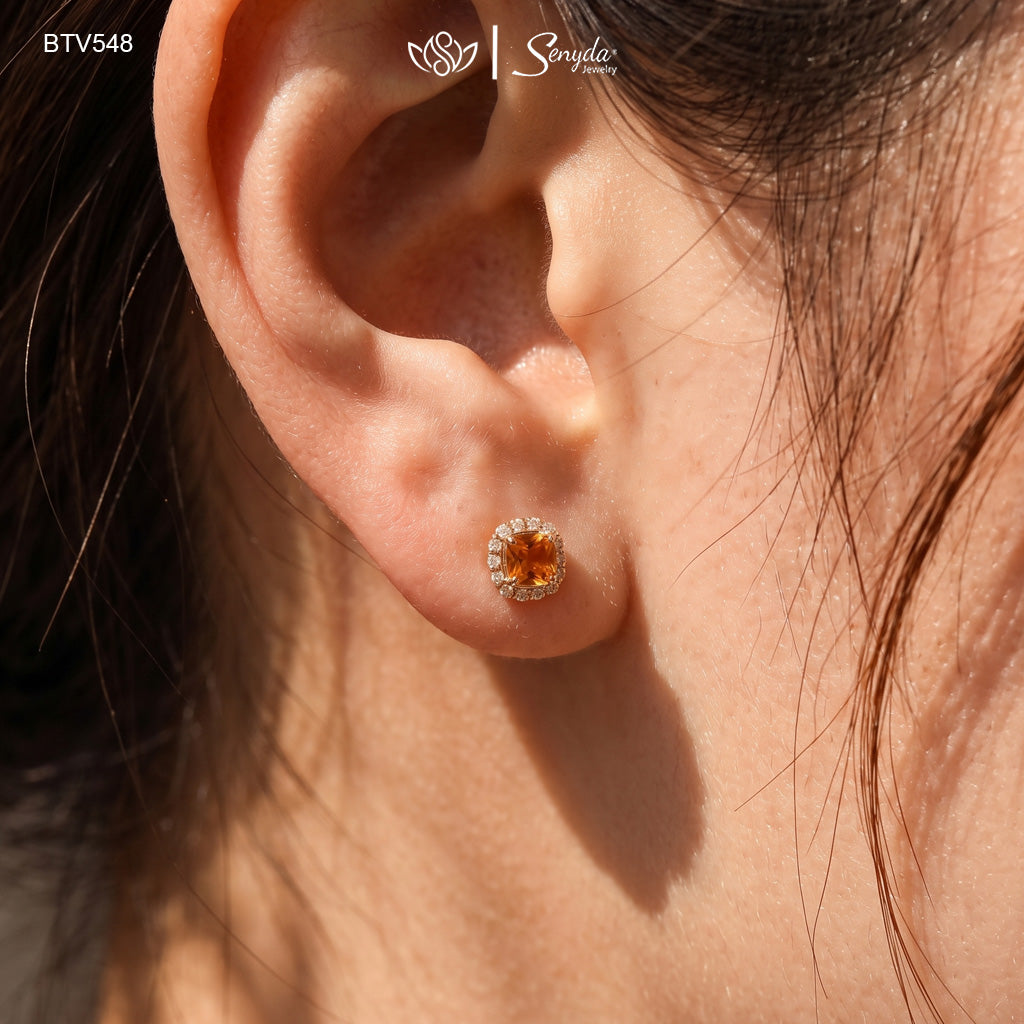 16K Solid Cushion Cut Citrine Stud Earrings