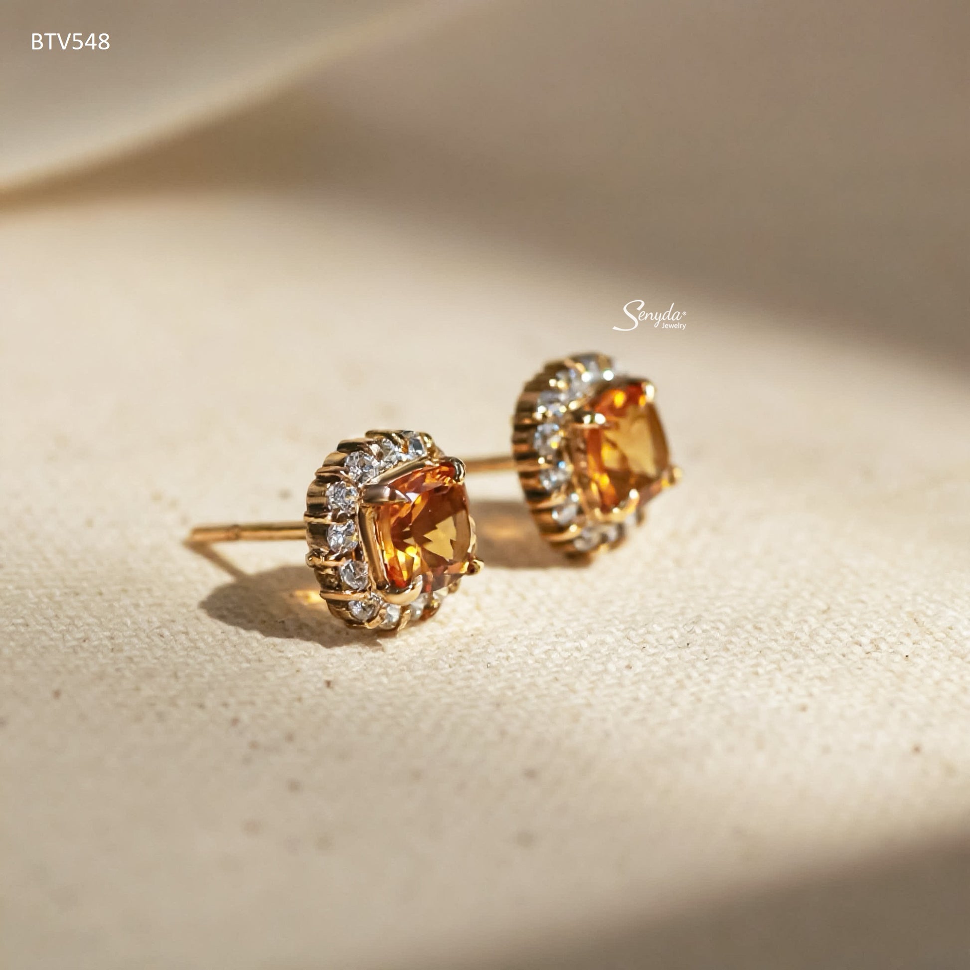 16K Solid Cushion Cut Citrine Stud Earrings