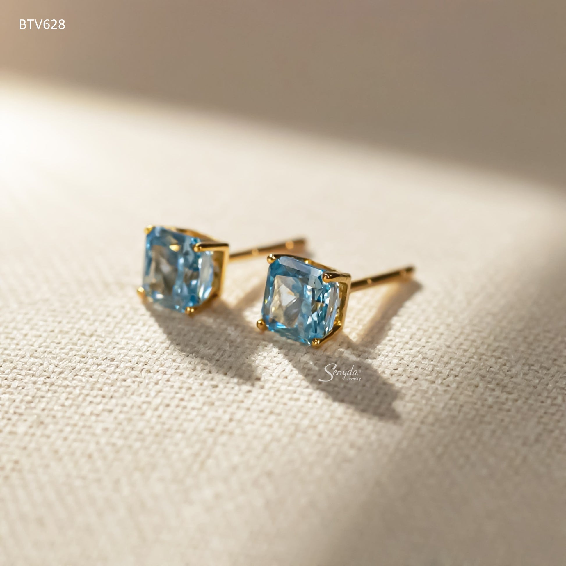 14K Solid Gold Radiant Cut Blue Cubic Zirconia Stud Earrings