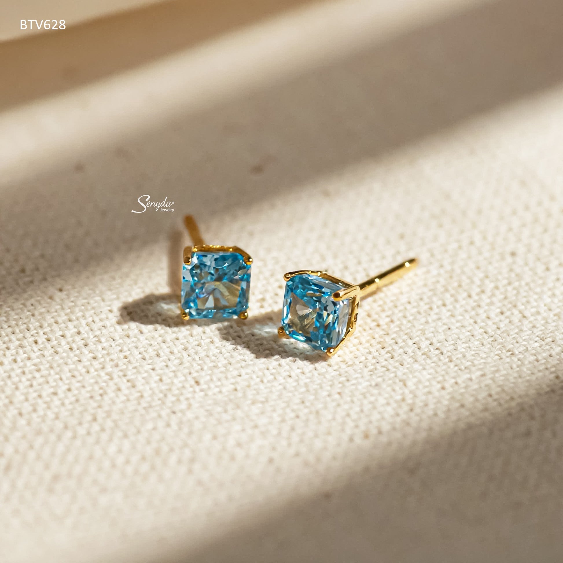 14K Solid Gold Radiant Cut Blue Cubic Zirconia Stud Earrings