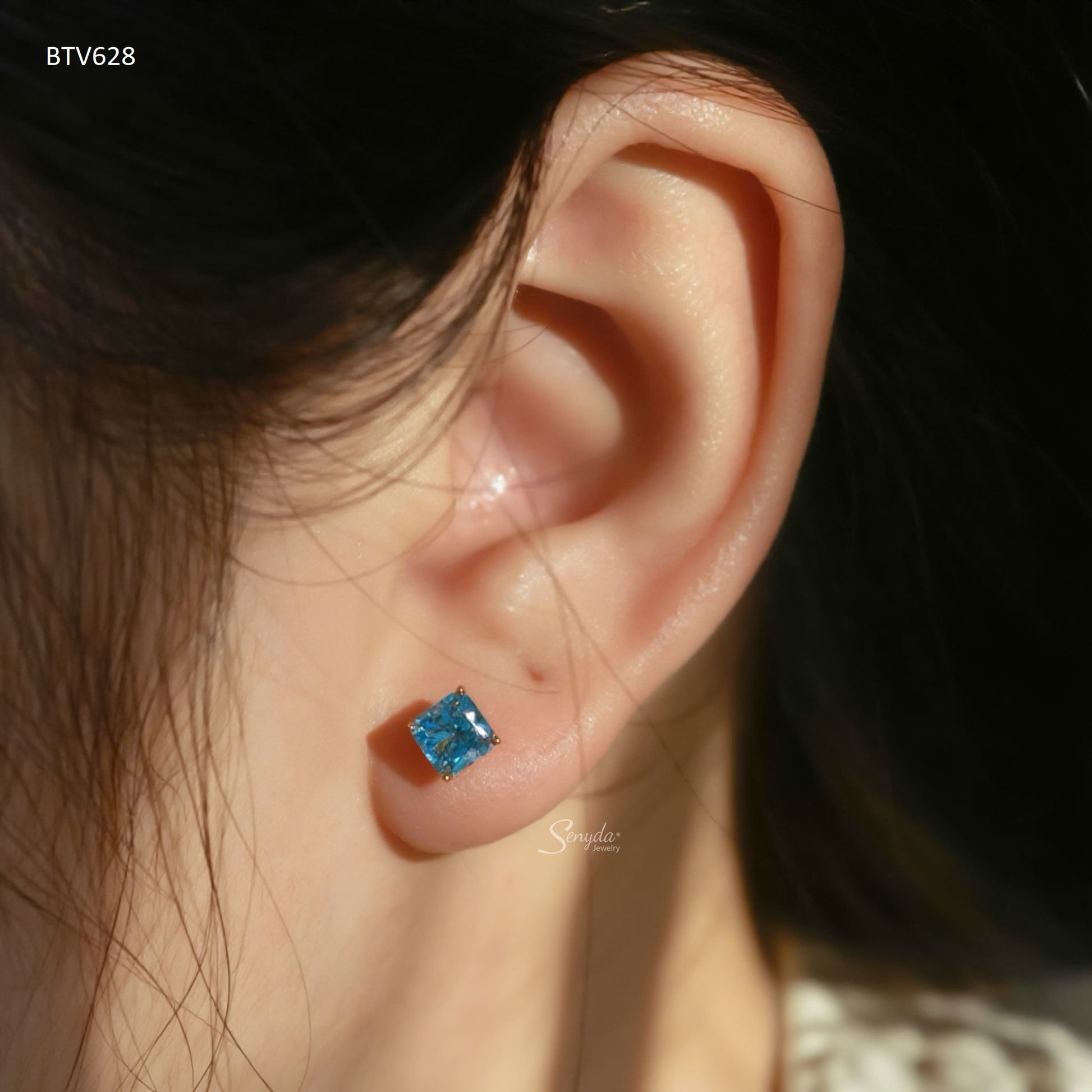 14K Solid Gold Radiant Cut Blue Cubic Zirconia Stud Earrings