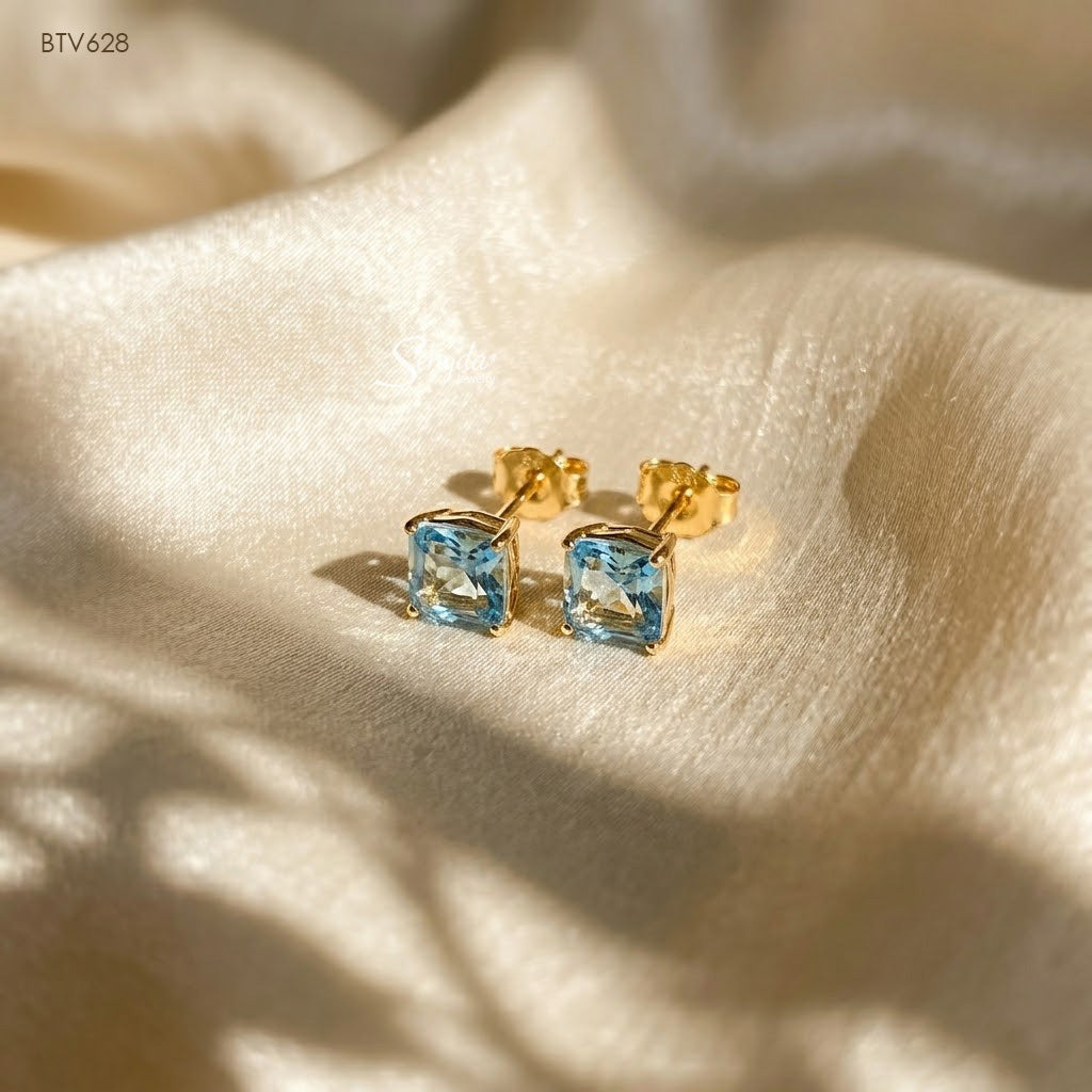 14K Solid Gold Radiant Cut Blue Cubic Zirconia Stud Earrings