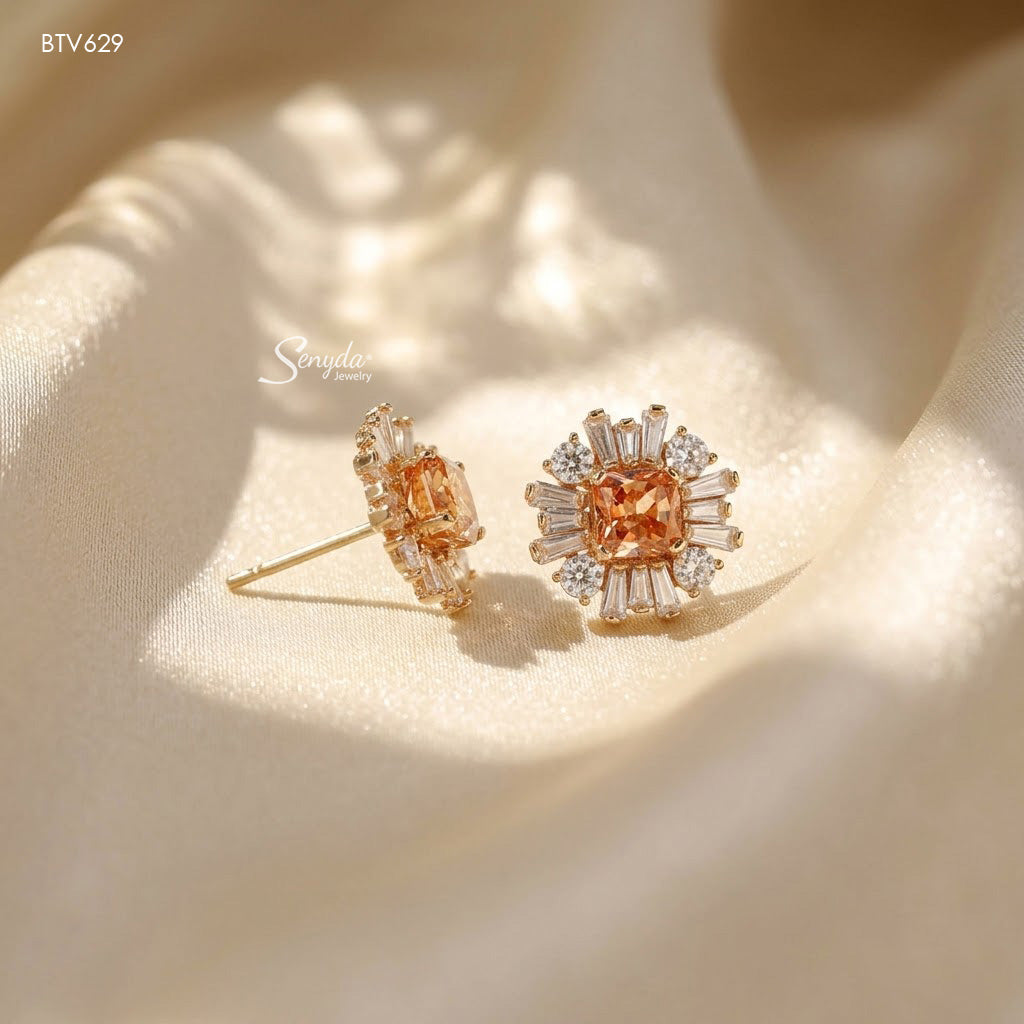 15K Solid Gold Baguette Halo Princess Cut CZ Stud Earrings