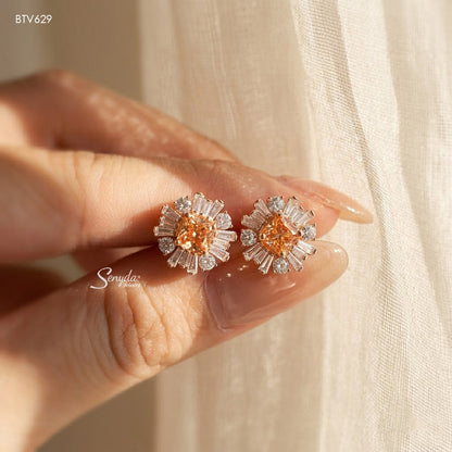 15K Solid Gold Baguette Halo Princess Cut CZ Stud Earrings