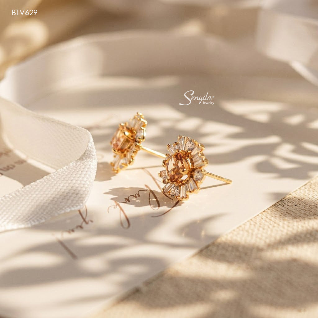 15K Solid Gold Baguette Halo Princess Cut CZ Stud Earrings