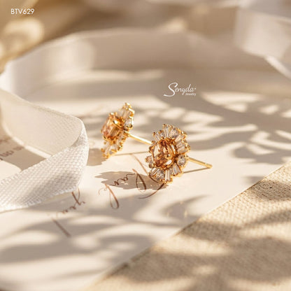15K Solid Gold Baguette Halo Princess Cut CZ Stud Earrings