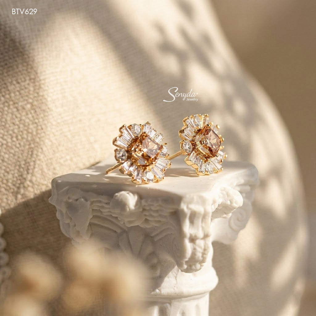 15K Solid Gold Baguette Halo Princess Cut CZ Stud Earrings