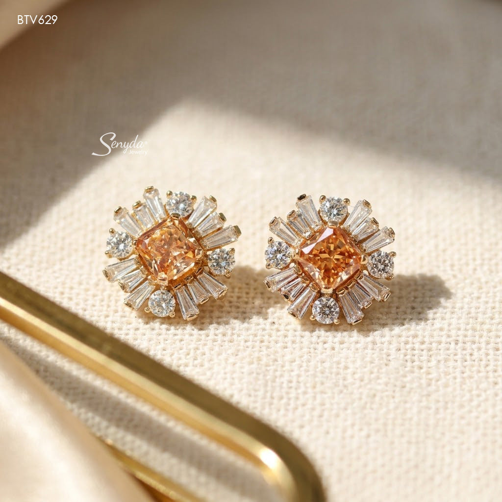 15K Solid Gold Baguette Halo Princess Cut CZ Stud Earrings