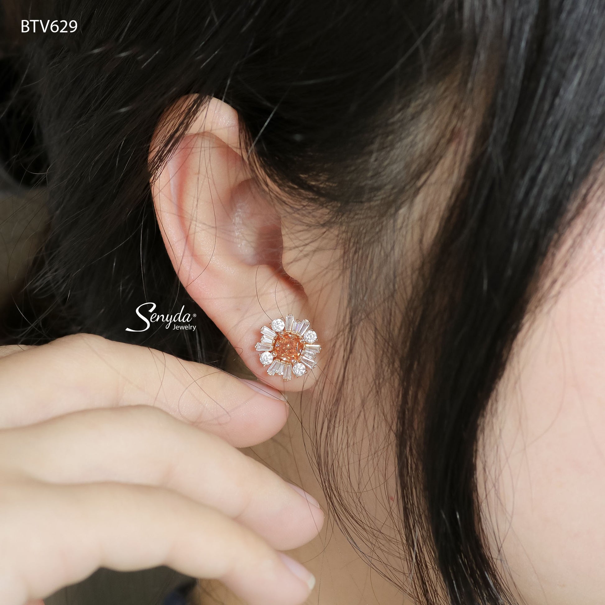 15K Solid Gold Baguette Halo Princess Cut CZ Stud Earrings