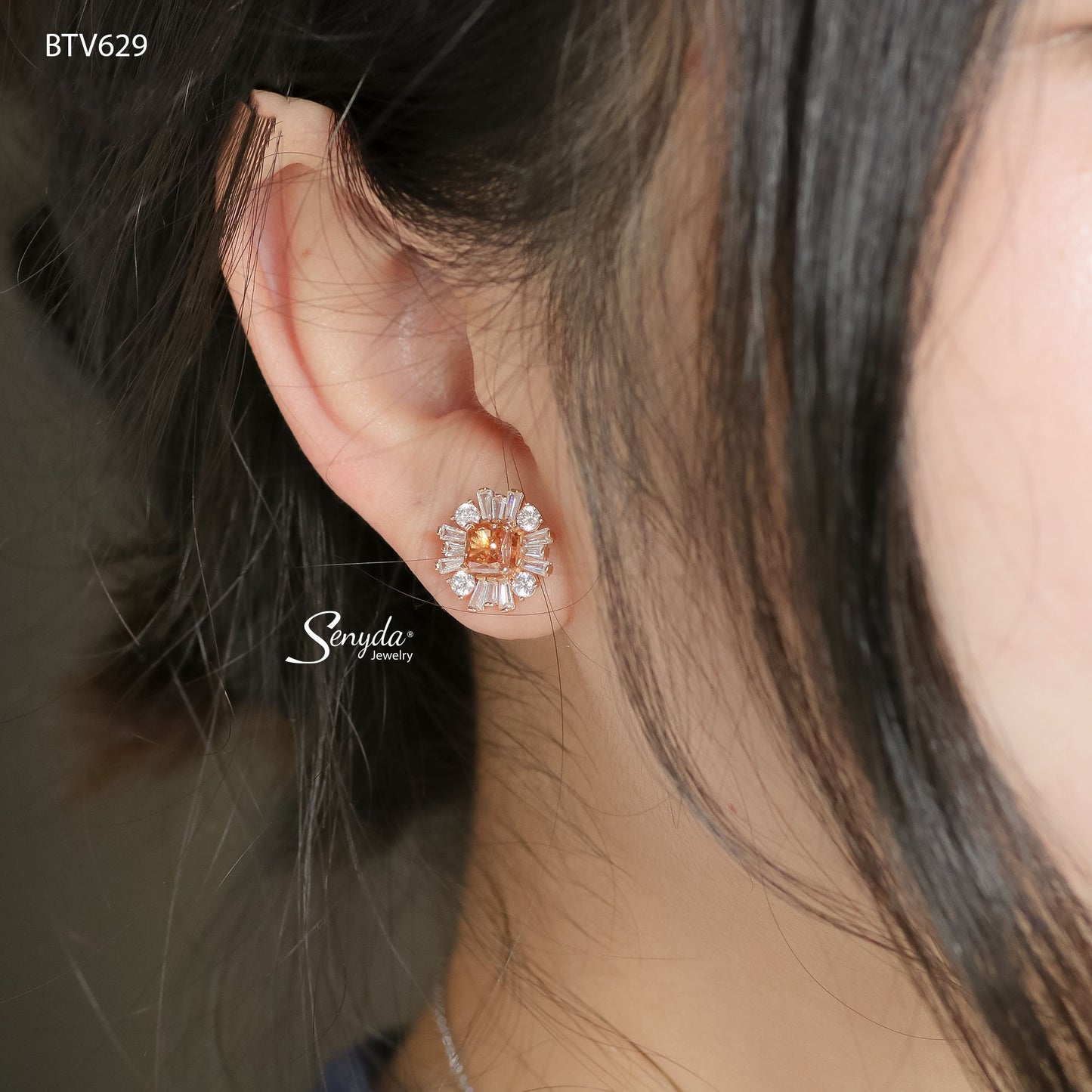 15K Solid Gold Baguette Halo Princess Cut CZ Stud Earrings