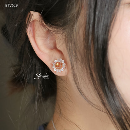 15K Solid Gold Baguette Halo Princess Cut CZ Stud Earrings