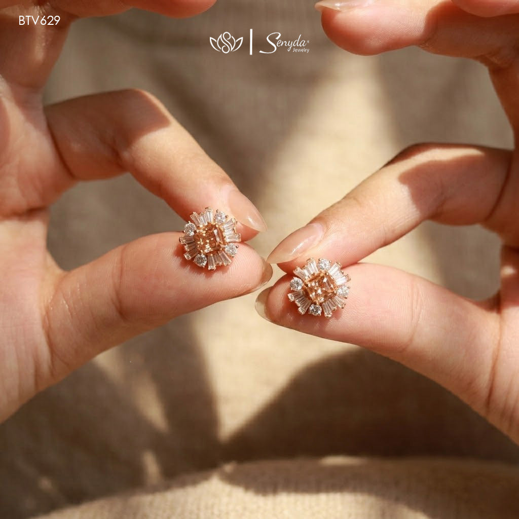 15K Solid Gold Baguette Halo Princess Cut CZ Stud Earrings