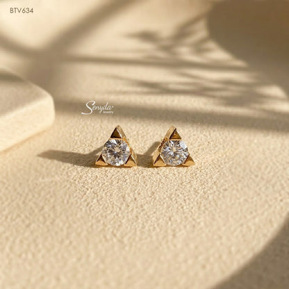 15K Solid Gold Cubic Zirconia Triangle Setting Stud Earrings