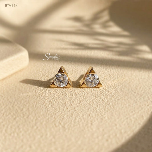 15K Solid Gold Cubic Zirconia Triangle Setting Stud Earrings