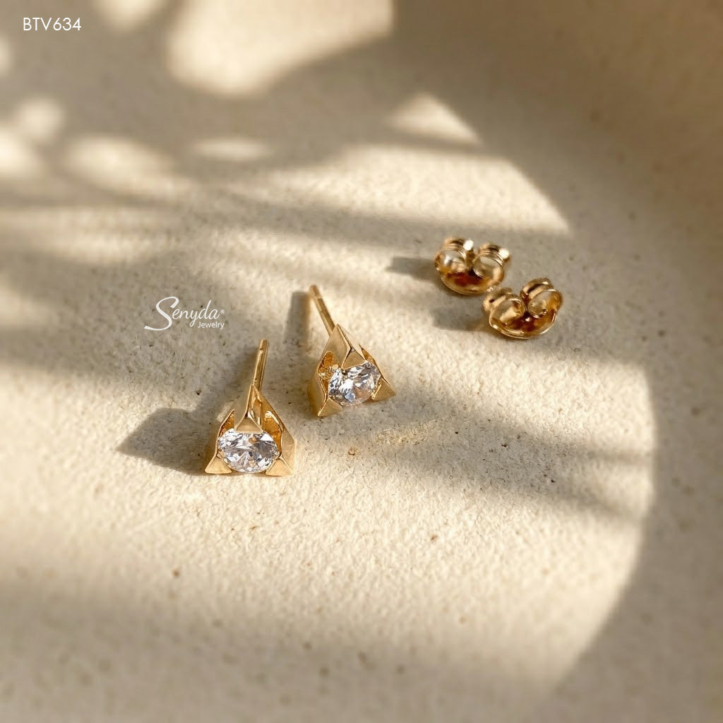 15K Solid Gold Cubic Zirconia Triangle Setting Stud Earrings