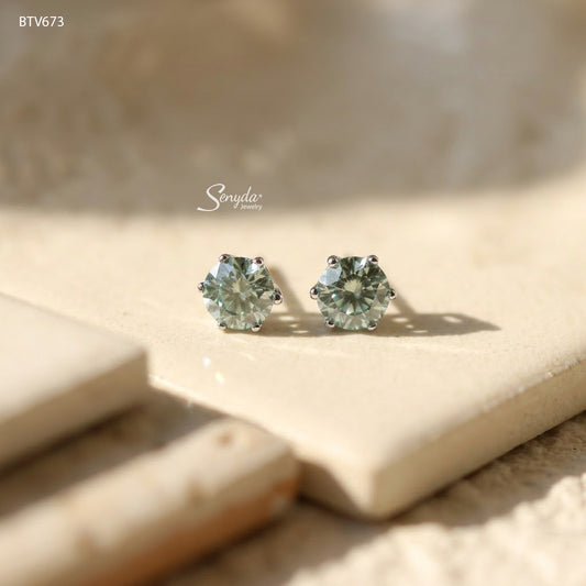 15K Solid Gold Round Moissanite Solitaire 6-Prong Basket Setting Stud Earrings