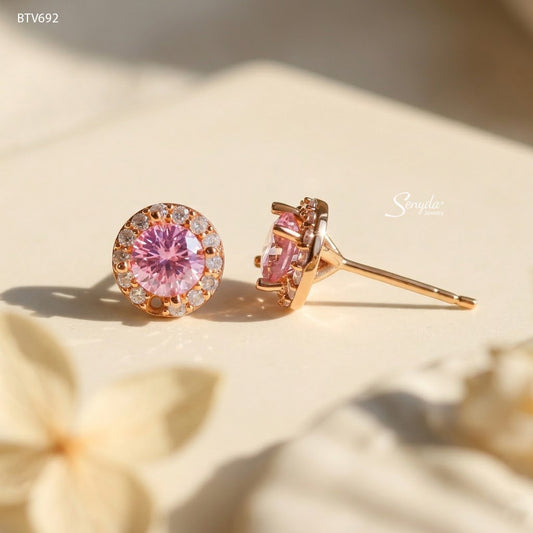 10K Solid Gold Halo Rose Gold Cubic Zirconia Stud Earrings