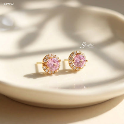 10K Solid Gold Halo Rose Gold Cubic Zirconia Stud Earrings