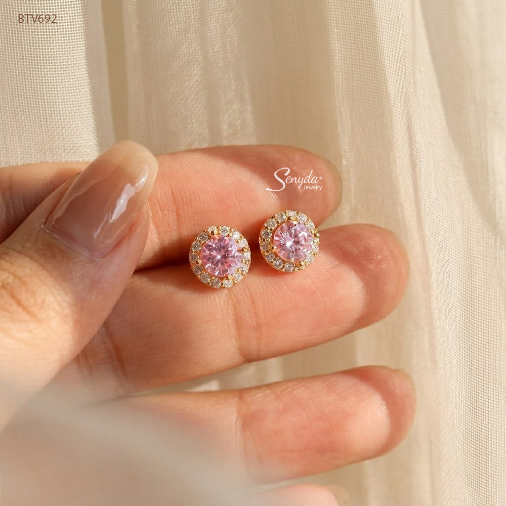 10K Solid Gold Halo Rose Gold Cubic Zirconia Stud Earrings