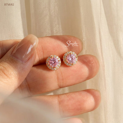 10K Solid Gold Halo Rose Gold Cubic Zirconia Stud Earrings