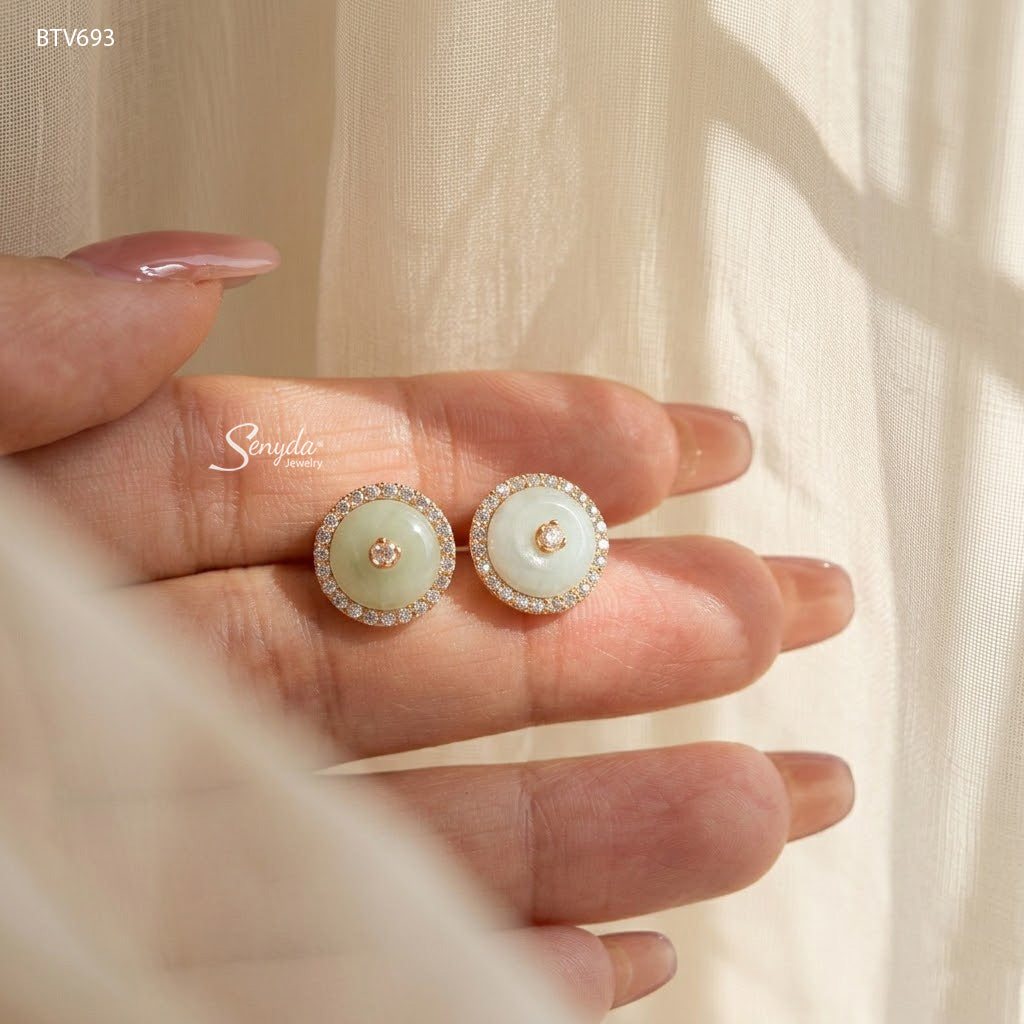 10K Solid Gold Halo Jade Coin Stud Earrings