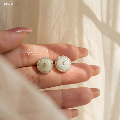 10K Solid Gold Halo Jade Coin Stud Earrings