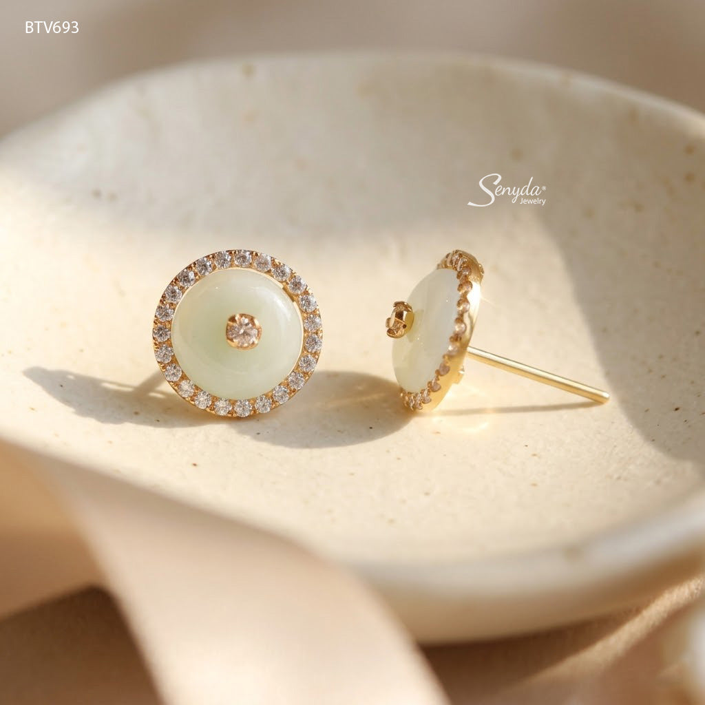 10K Solid Gold Halo Jade Coin Stud Earrings