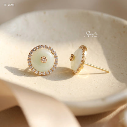 10K Solid Gold Halo Jade Coin Stud Earrings