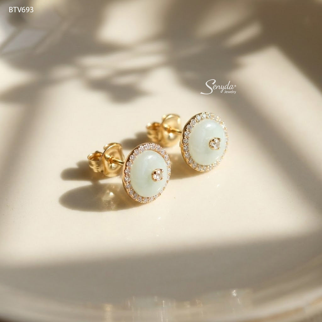10K Solid Gold Halo Jade Coin Stud Earrings
