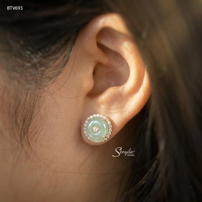 10K Solid Gold Halo Jade Coin Stud Earrings