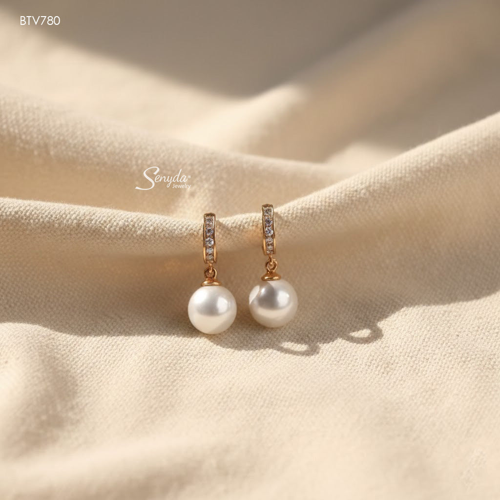 10K Solid Gold 10mm Pearl Drop Huggie Hoop Earrings