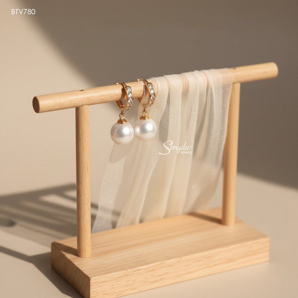 10K Solid Gold 10mm Pearl Drop Huggie Hoop Earrings