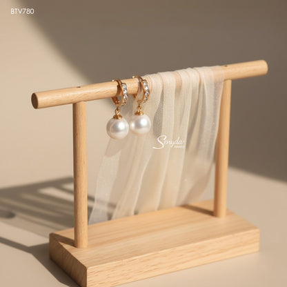 10K Solid Gold 10mm Pearl Drop Huggie Hoop Earrings