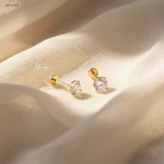 14K Solid Gold 4-Prong Round Cut Cubic Zirconia Stud Earring (Single Piece)