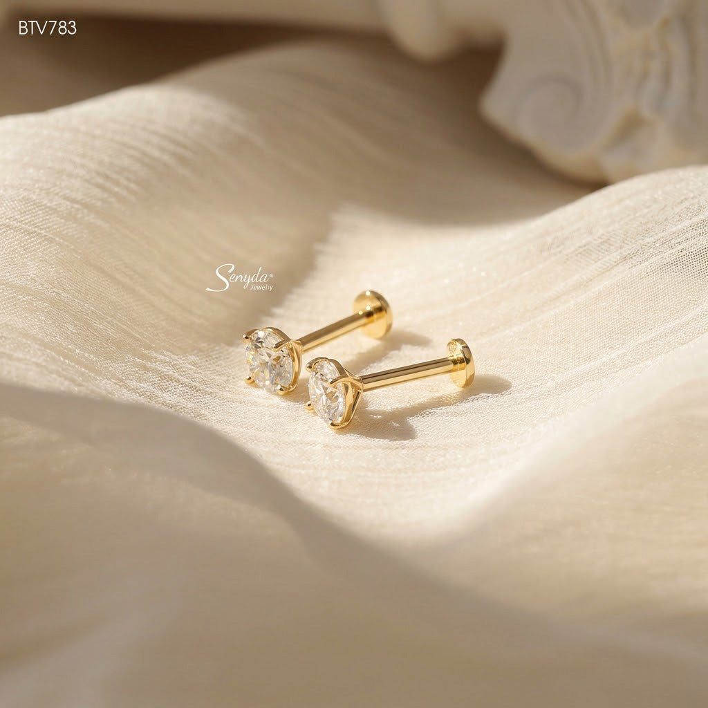 14K Solid Gold 4-Prong Round Cut Cubic Zirconia Stud Earring (Single Piece)