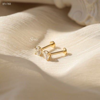 14K Solid Gold 4-Prong Round Cut Cubic Zirconia Stud Earring (Single Piece)