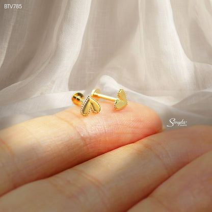 14K Solid Gold Minimalist Beaded Edge Heart Earrings