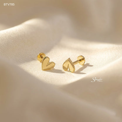 14K Solid Gold Minimalist Beaded Edge Heart Earrings