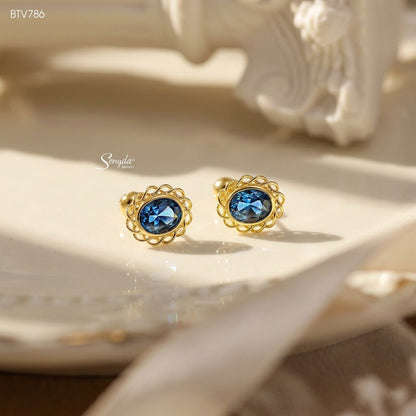 14K Solid Gold Vintage Oval CZ Stud Earrings With Filigree Border