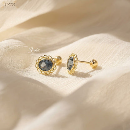 14K Solid Gold Vintage Oval CZ Stud Earrings With Filigree Border