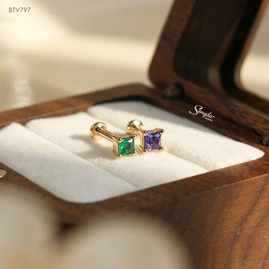 14K Solid Gold Square-Cut Multicolor CZ Stud Earrings
