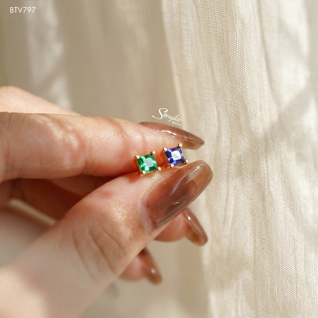 14K Solid Gold Square-Cut Multicolor CZ Stud Earrings